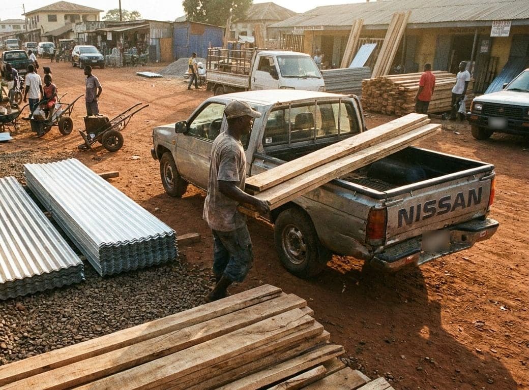 Illustration: a building-materials yard with zinc roofing sheets and timber