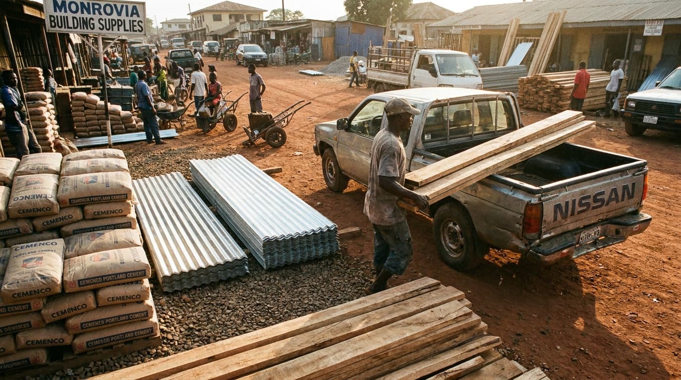 A Monrovia building-materials yard with stacked cement, zinc roofing sheets and timber
