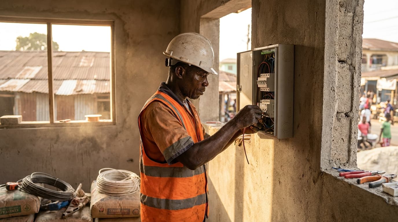 A Liberian electrician wiring a distribution board on a half-built house in Monrovia