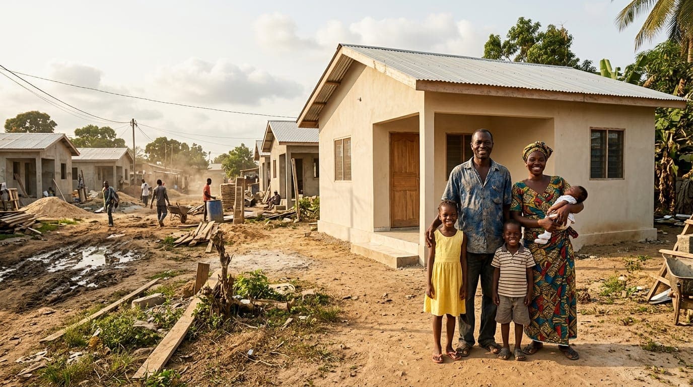 A Liberian family standing in front of their newly built home in Monrovia